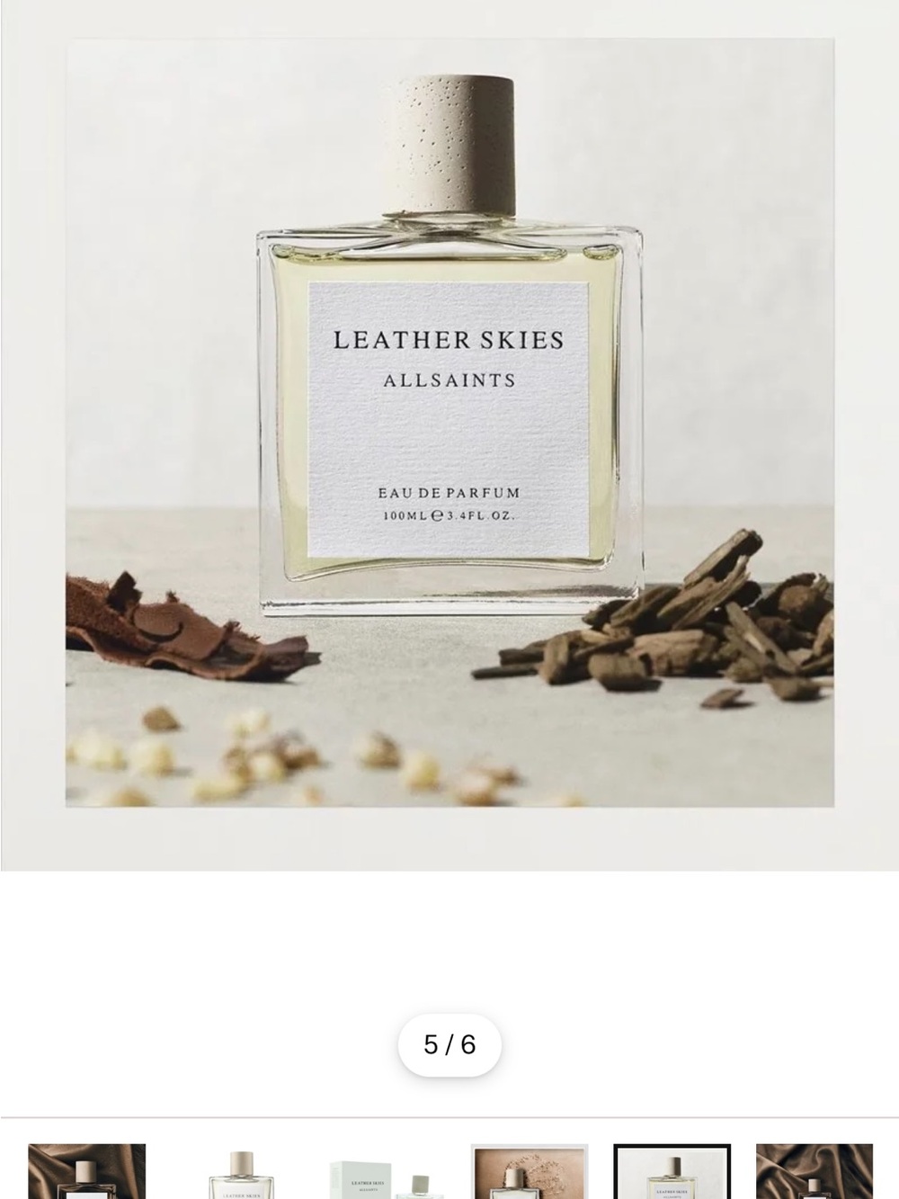 AllSaints Leather Skies eau de Parfum 3.4 oz Clear Bottle with Cream Cap - Picture 5 of 5